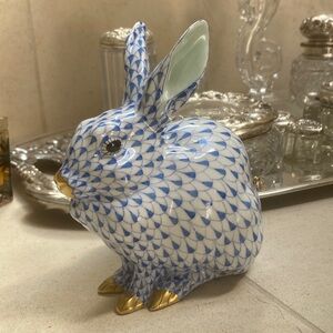 Herend Blue and White Porcelain Rabbit Figurine